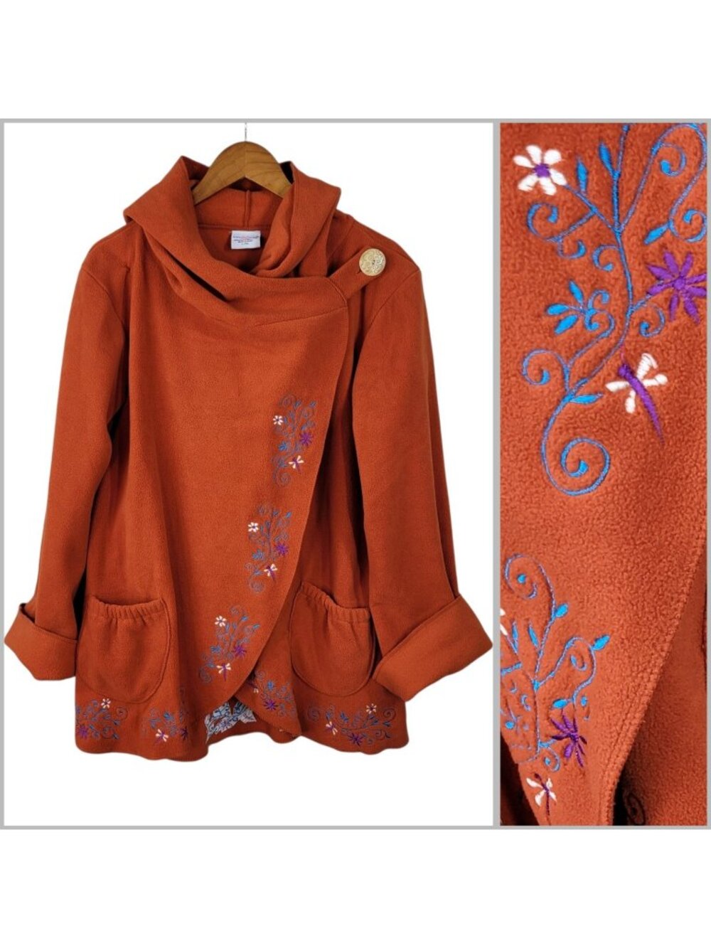 Greater Good Fleece Jacket Embroidered Large XL Renaissance Hood Dragonfly Boho